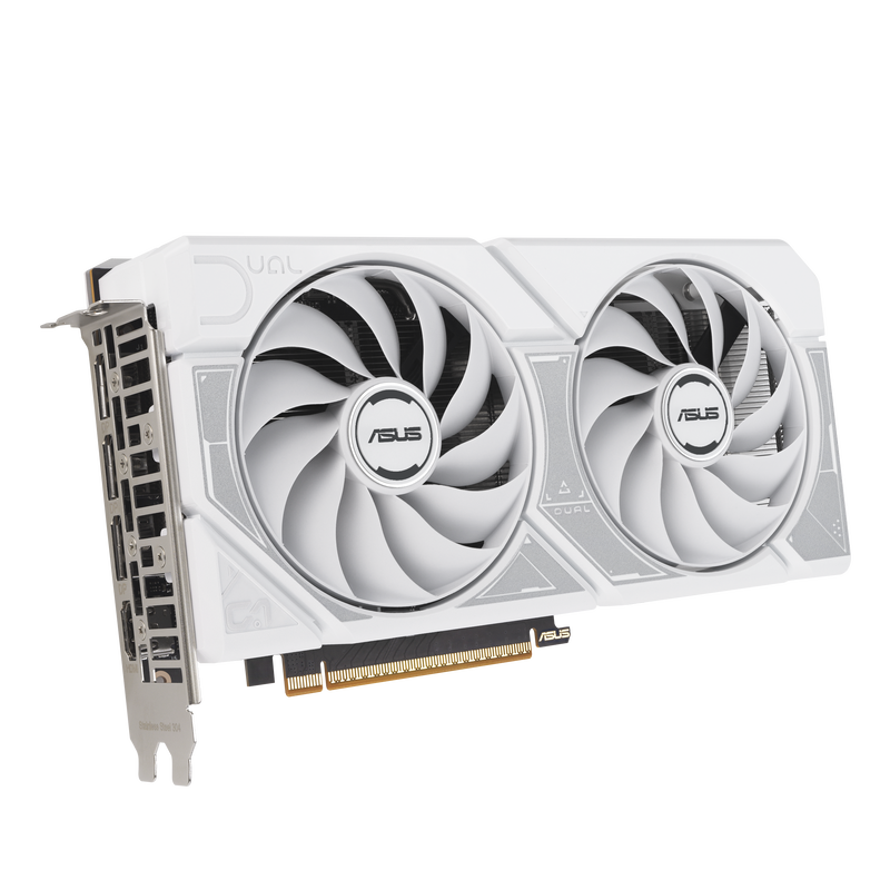 Nærbilde av ASUS Dual RTX 5060 White OC grafikkort logo