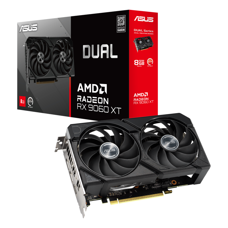 ASUS Dual RX 9060 XT grafikkort forfra