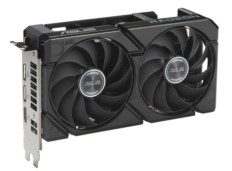 Detalj av ASUS Dual RX 9060 XT grafikkort 16 GB GDDR6 kjølevifte