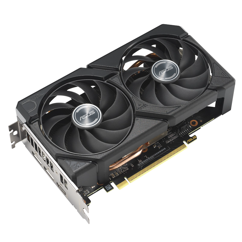 Nærbilde av ASUS Dual RX 9060 XT grafikkort 16 GB GDDR6 kontaktpunkter