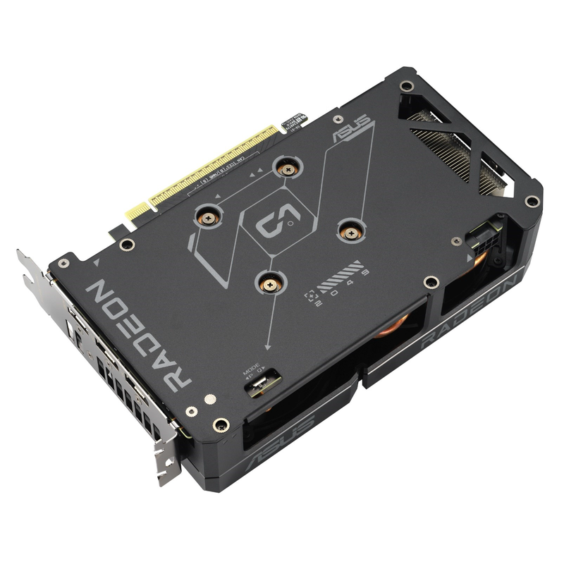 Sidevisning av ASUS Dual RX 9060 XT grafikkort 16 GB GDDR6