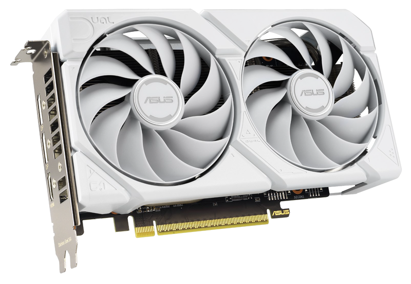 Nærbilde av ASUS Dual RX 9060 XT White Edition grafikkort kjøling