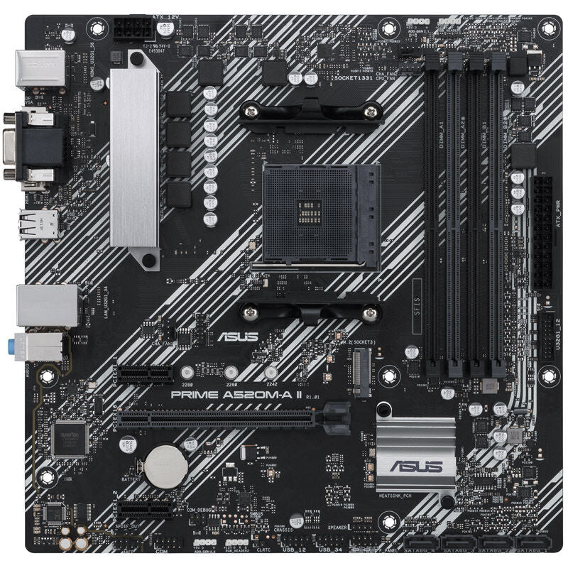Detalj av ASUS Prime A520M-A II CSM hovedkort med AM4 sokkel