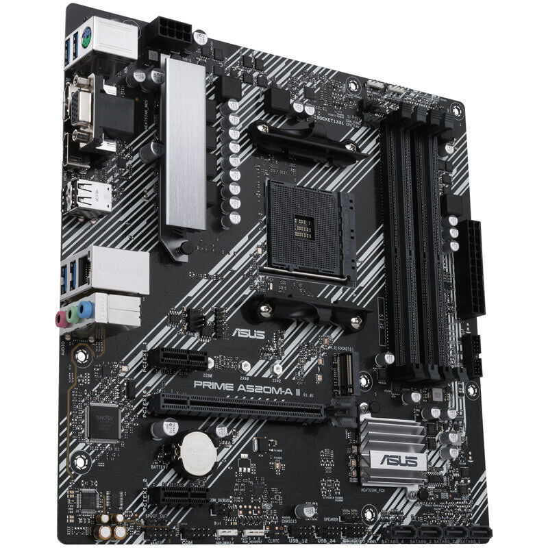 Nærbilde av ASUS Prime A520M-A II CSM hovedkort med RGB-belysning
