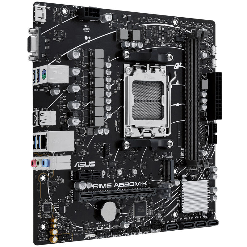 Oversiktsbilde av ASUS Prime A620M-K hovedkortets tilkoblinger