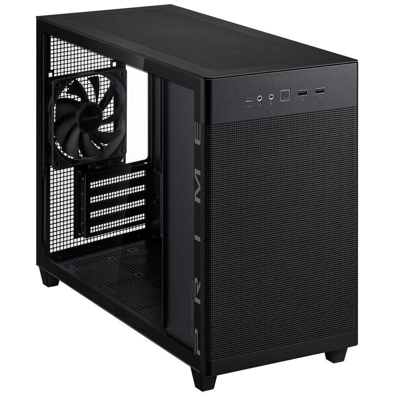 Bakside av ASUS Prime AP201 kabinett Micro-ATX herdet glass svart