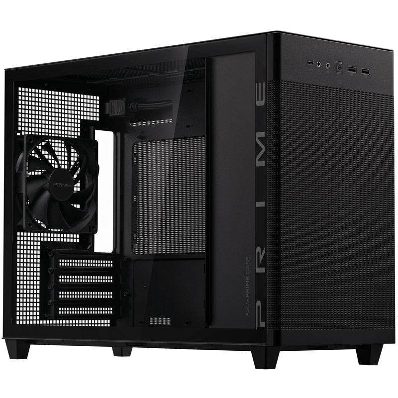 Nærbilde av ASUS Prime AP201 kabinett Micro-ATX herdet glass svart ventilasjon
