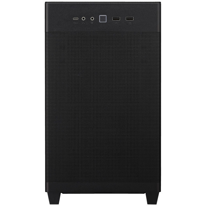 Nærbilde av USB-porter på ASUS Prime AP201 Micro-ATX kabinett mesh hvit