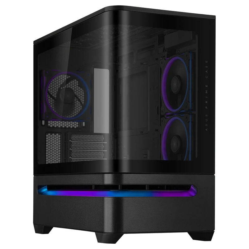 Detaljbilde av buet glassfront på ASUS Prime AP202 ARGB kabinett midtårn mATX