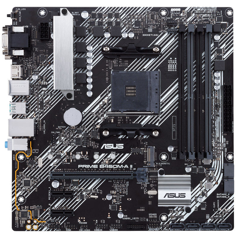 Detalj av ASUS PRIME B450M-A II hovedkortets PCIe-spor