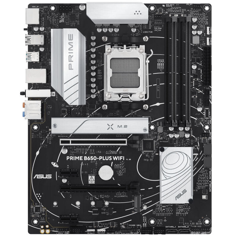 Detalj av ASUS Prime B650-Plus WiFi hovedkort med tilkoblinger
