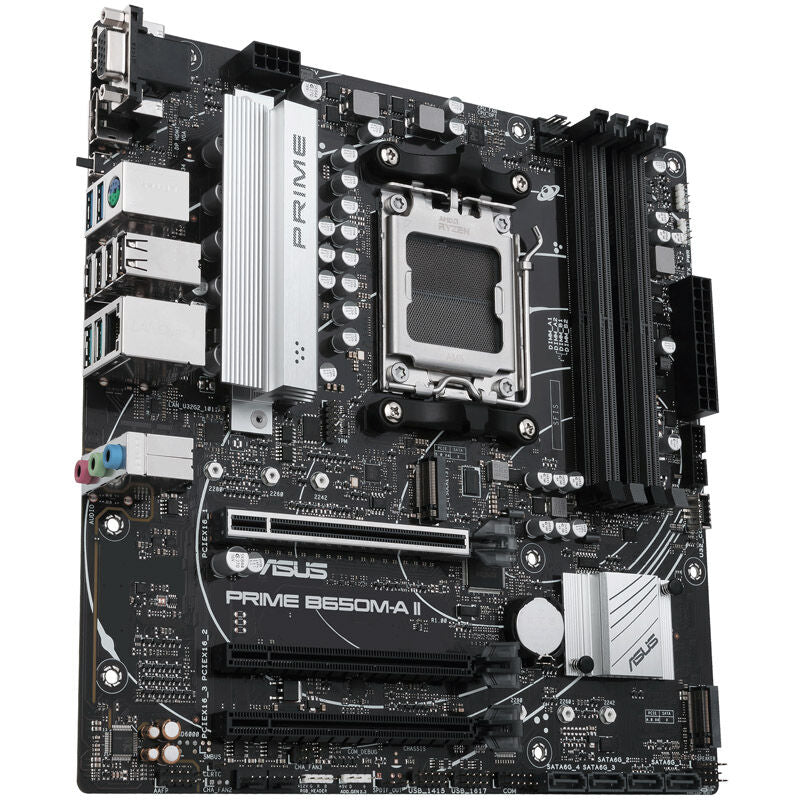 Nærbilde av ASUS Prime B650M-A II-CSM hovedkort kontakter