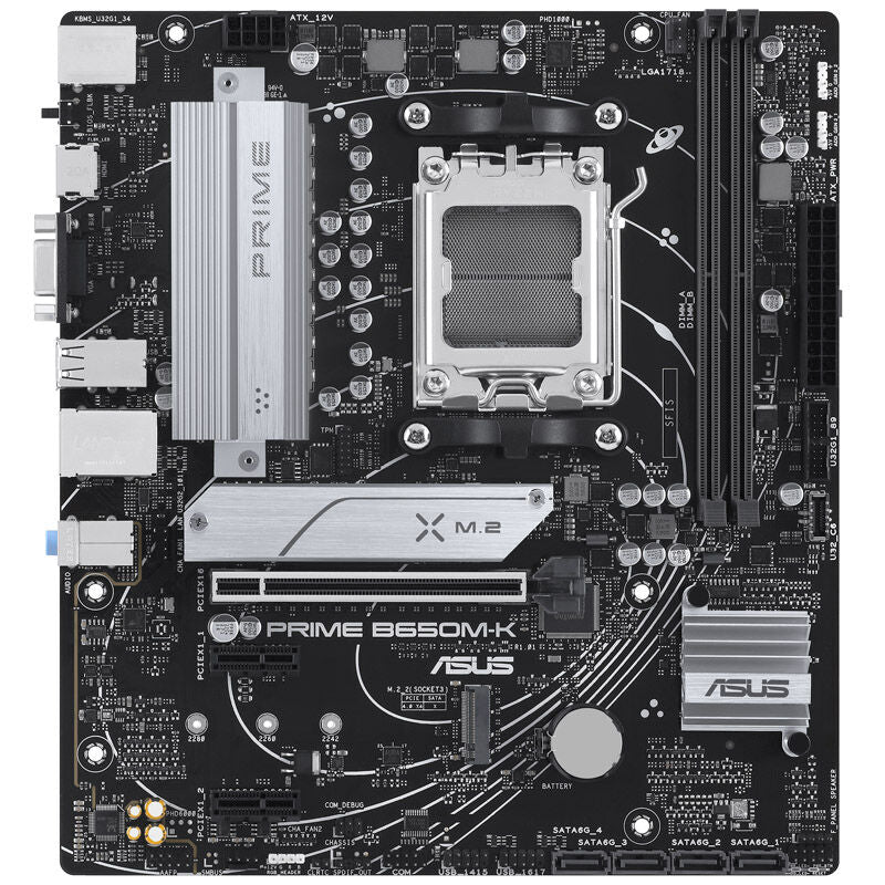 Detalj av ASUS Prime B650M-K hovedkortets PCIe-porter