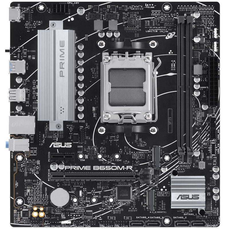 Nærbilde av ASUS Prime B650M-R hovedkort komponenter