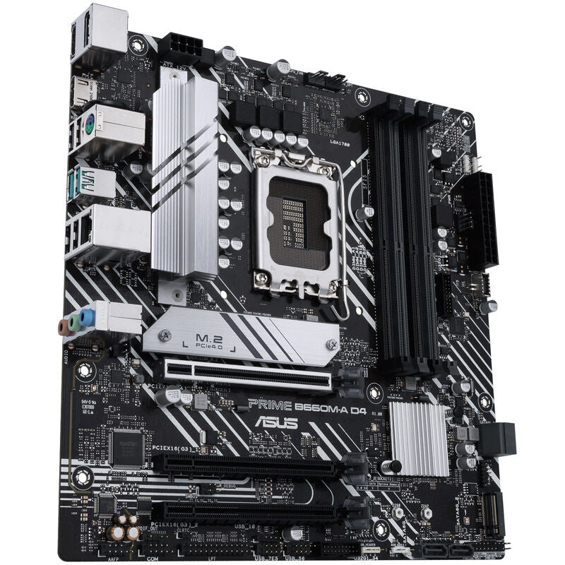 Nærbilde av ASUS Prime B660M-A D4-CSM hovedkort tilkoblinger
