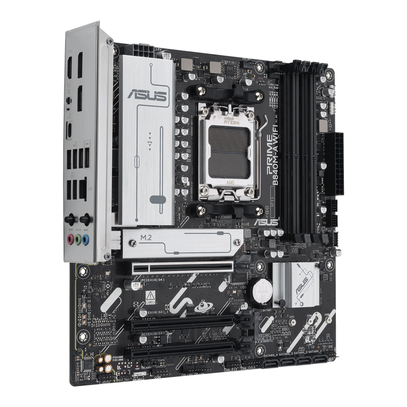 Nærbilde av ASUS Prime B840M-A WiFi hovedkort M.2-porter