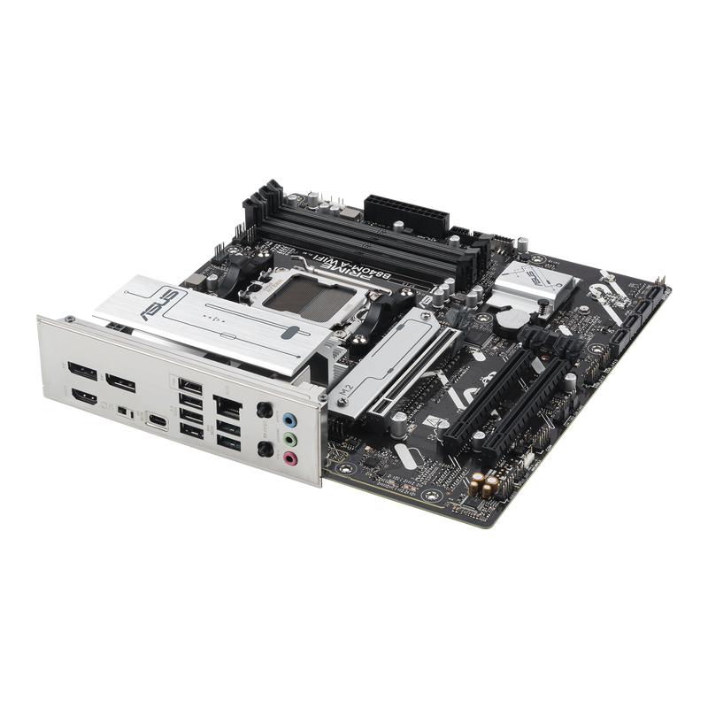 Oversikt ASUS Prime B840M-A WiFi hovedkort med tilkoblinger
