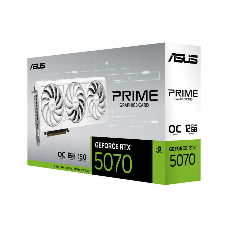Bakside av ASUS Prime GeForce RTX 5070 White OC grafikkort