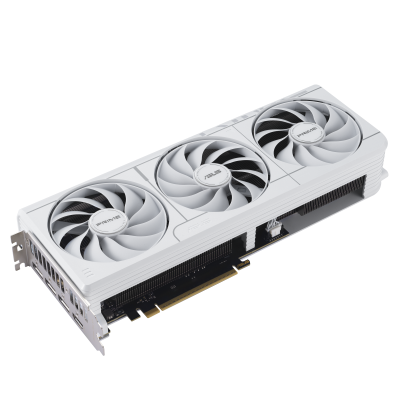 Nærbilde av ASUS Prime GeForce RTX 5070 White OC grafikkort