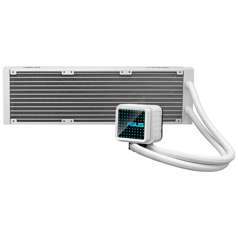 Nærbilde av RGB-belysning på ASUS PRIME LC 360 ARGB AIO vannkjøling 360 mm hvit
