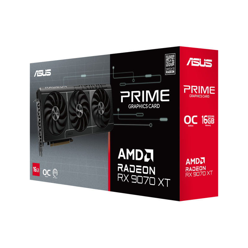 Baksiden av ASUS Prime Radeon RX 9070 XT OC Edition grafikkort