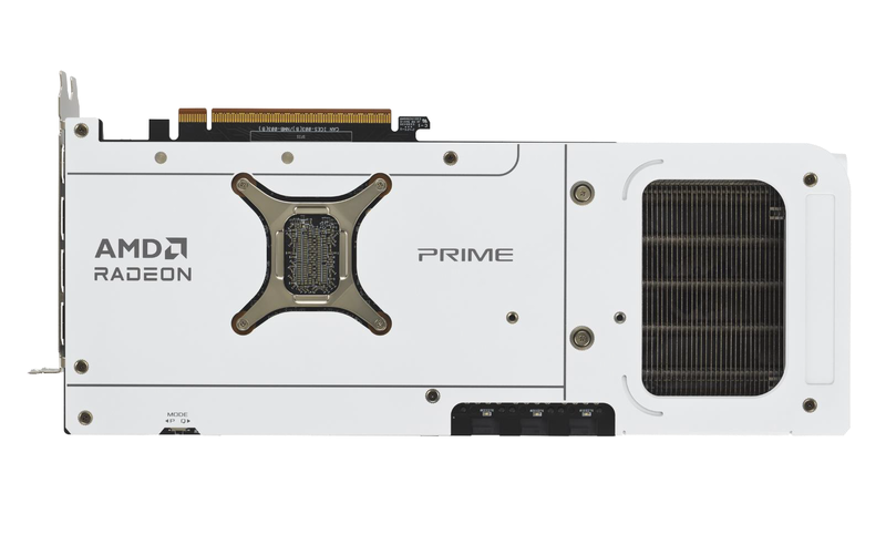 Nærbilde av ASUS Prime RX 9070 XT White OC grafikkort kjøler