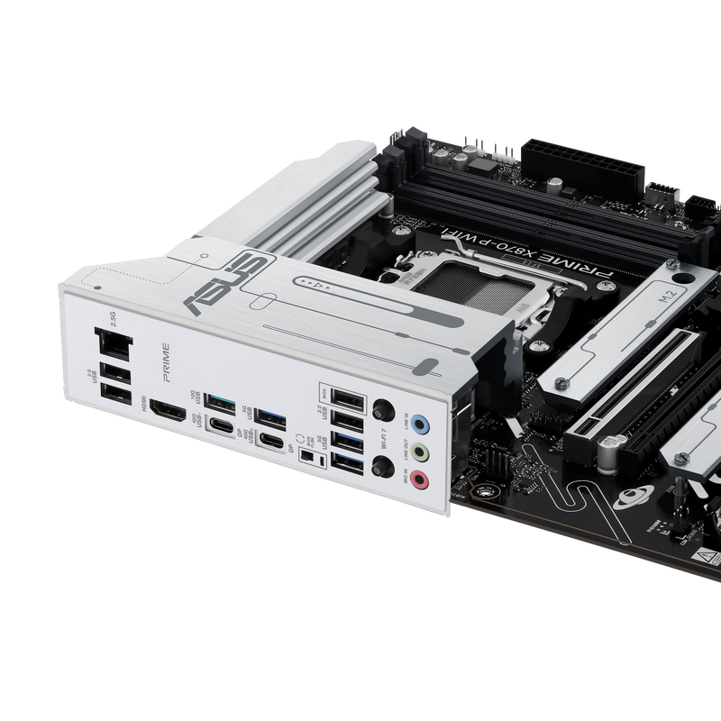 ASUS Prime X870-P WiFi hovedkort med synlig kjøling og LED