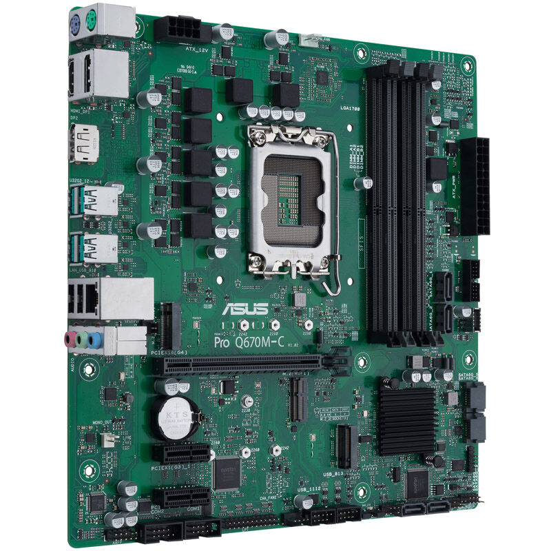 ASUS PRO Q670M-C-CSM hovedkort med tydelige PCIe- og RAM-spor