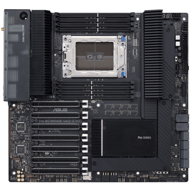 Detalj av ASUS Pro WS WRX80E-SAGE SE WiFi hovedkort sWRX8 DDR4