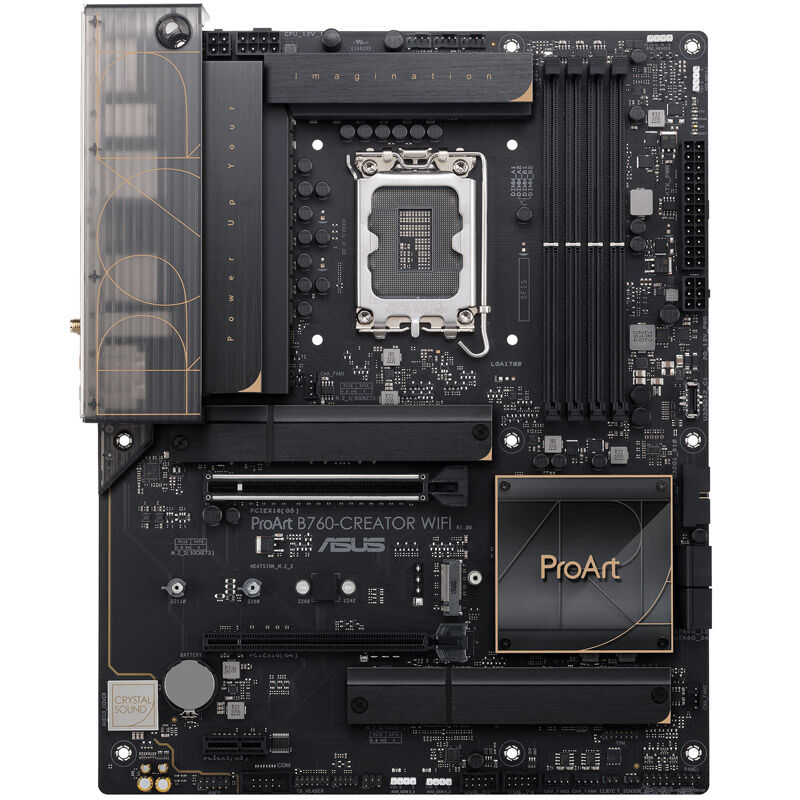 Detalj av ASUS ProArt B760-CREATOR WIFI hovedkort med tilkoblinger