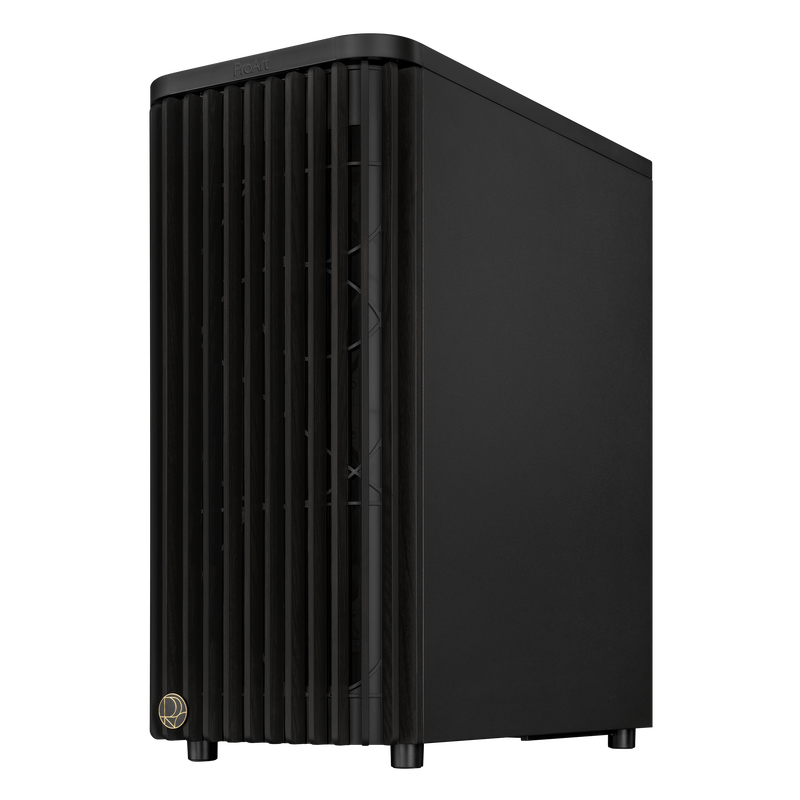 Detalj av trefront på ASUS ProArt PA401 Wood Edition kabinett midtårn