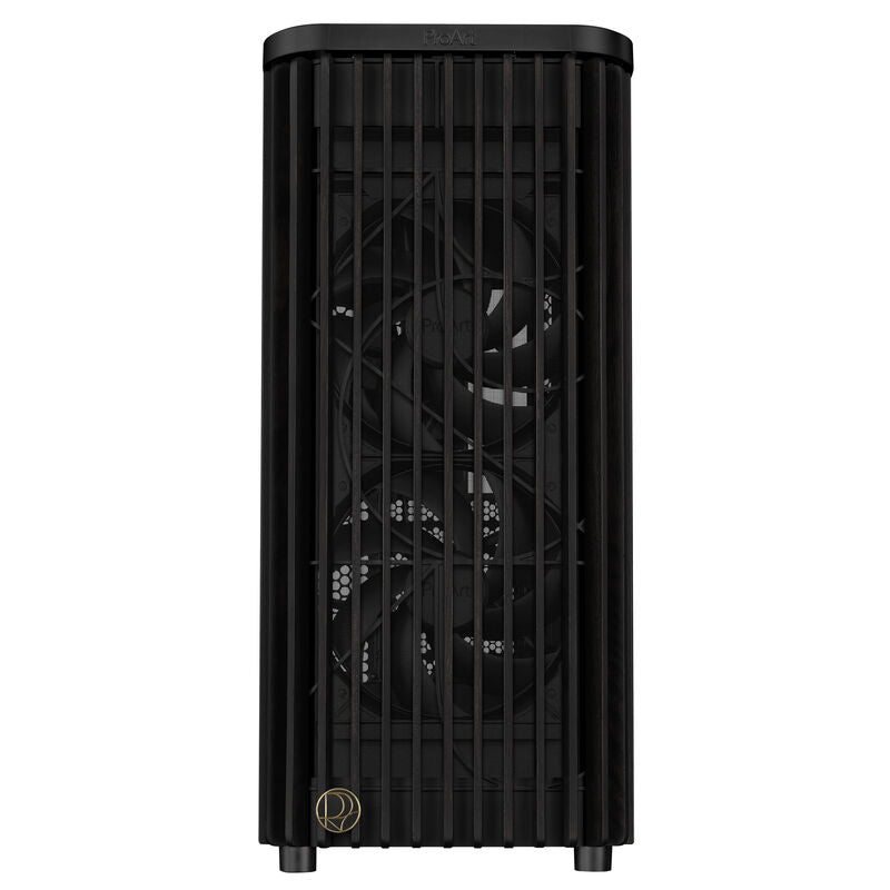 Detalj av mesh-sidepanel på ASUS ProArt PA401 Wood Edition kabinett