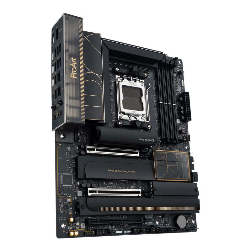Nærbilde av ASUS ProArt X870E-Creator WiFi hovedkort minneplasser