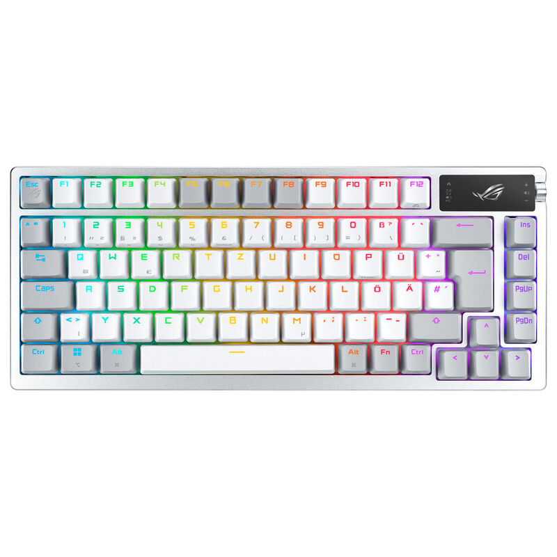 Baksiden av ASUS ROG Azoth trådløs gamingtastatur 75% Hot-Swap OLED hvit