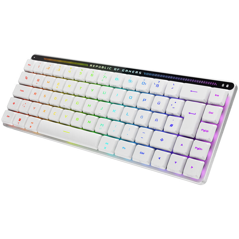 Detalj av taster på ASUS ROG Falchion RX Low Profile trådløs gamingtastatur 65% hvit