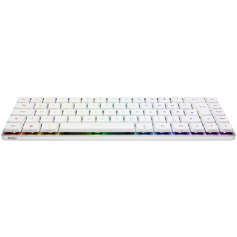 ASUS ROG Falchion RX Low Profile trådløs gamingtastatur 65% hvit montert på skrivebord