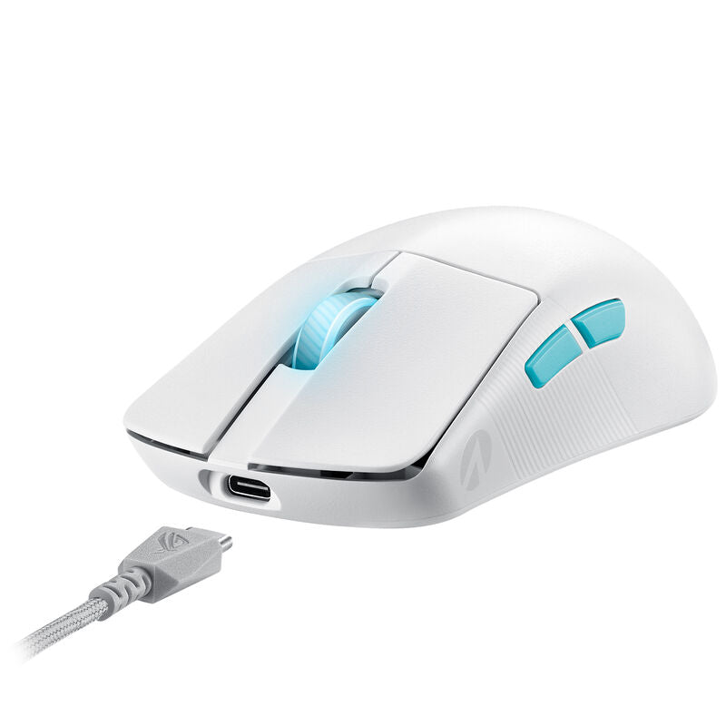 Pekehånd som holder ASUS ROG Harpe Ace Aim Lab trådløs gamingmus 36K DPI hvit