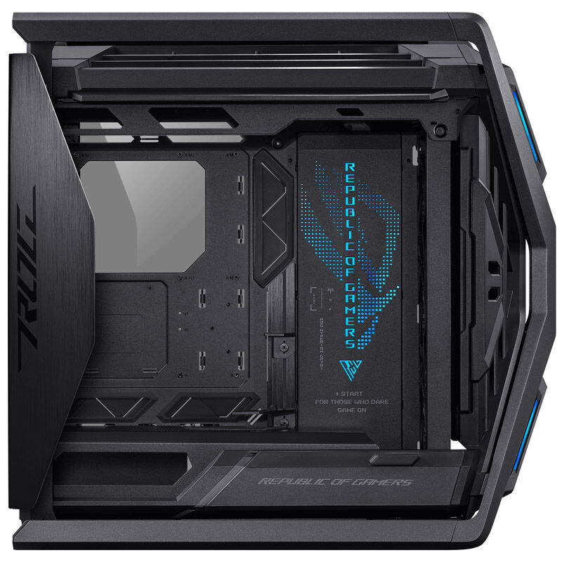 Nærbilde av ASUS ROG Hyperion GR701 kabinett fulltårn herdet glass svart ventilasjon