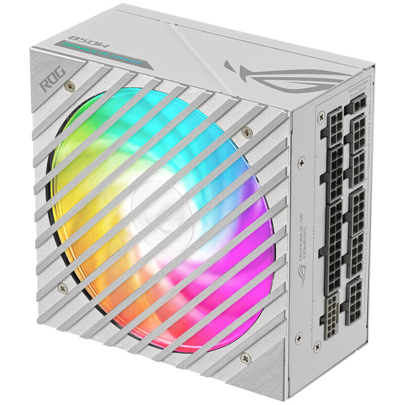 Nærbilde av ASUS ROG Loki SFX-L strømforsyning 850 W hvit kabler