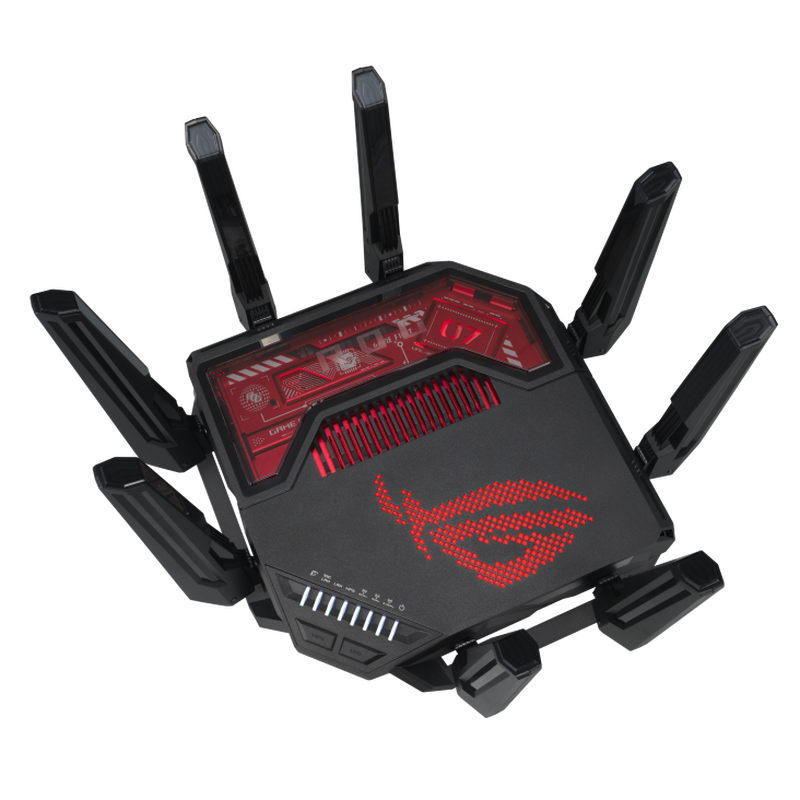 Montert ASUS ROG Rapture GT-BE19000 WiFi 7 gamingruter RGB i nettverk