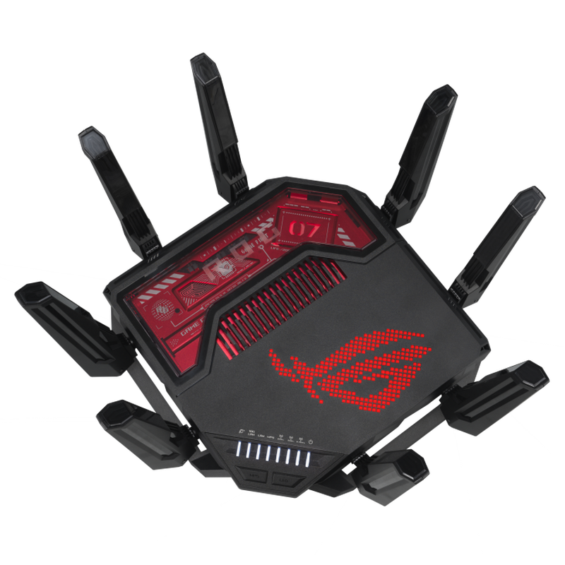 Nærbilde av ASUS ROG Rapture GT-BE19000 WiFi 7 gamingruter RGB RGB-belysning