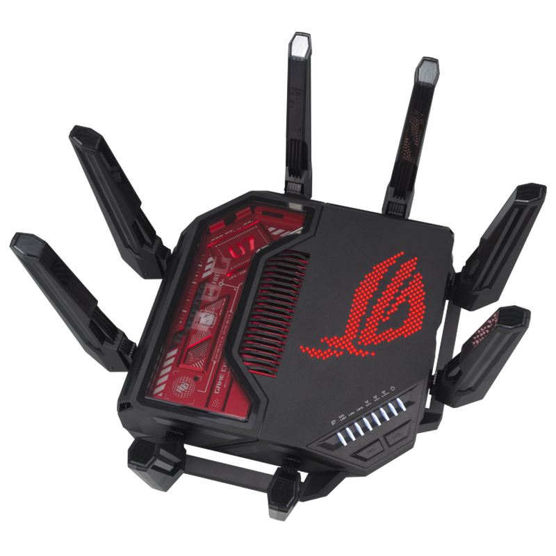Sideprofil av ASUS ROG Rapture GT-BE19000 WiFi 7 gamingruter RGB