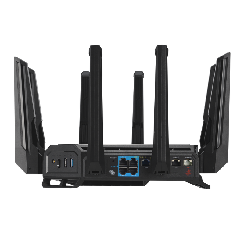 Baksiden av ASUS ROG Rapture GT-BE98 gamingruter med LAN-porter