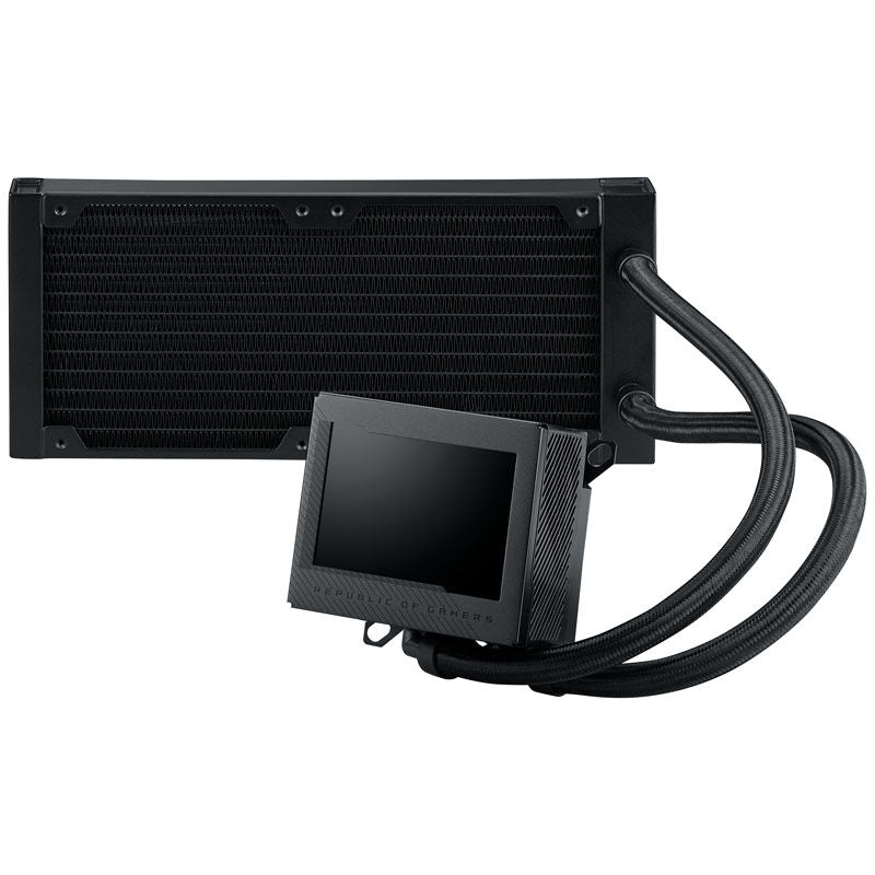 Nærbilde av ASUS ROG Ryujin III 240 AIO vannkjøling med display svart pumpeenhet