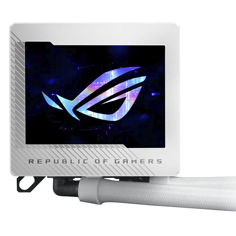 Nærbilde av vifte på ASUS ROG Ryujin III 240 ARGB AIO vannkjøling hvit
