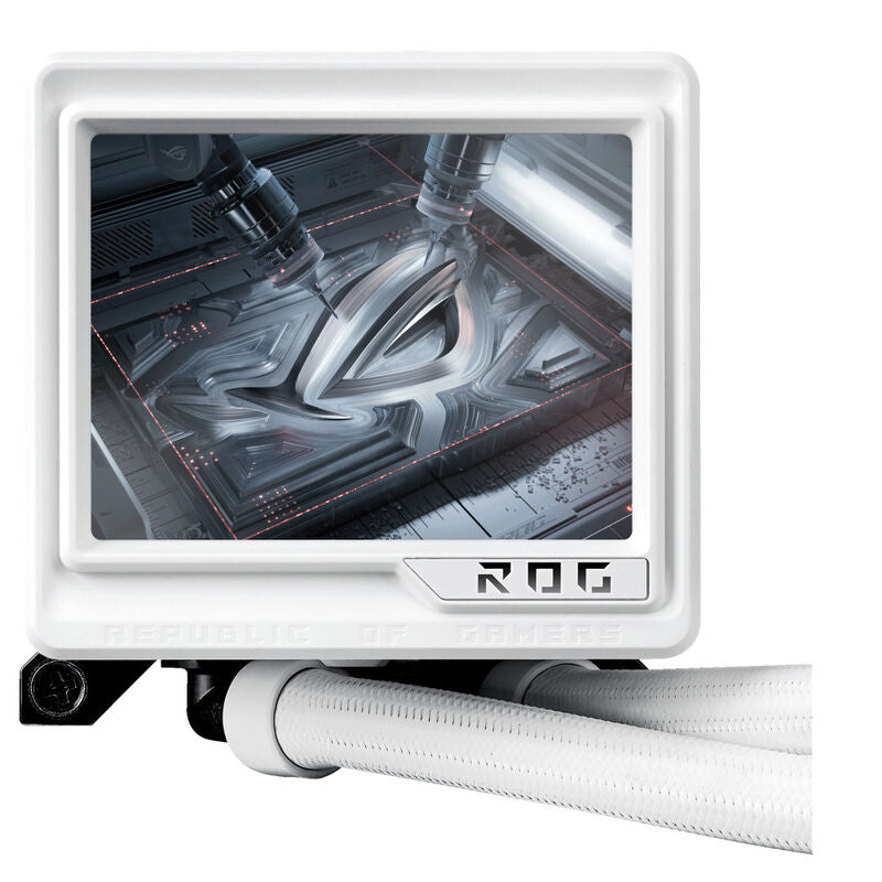 Nærbilde av ASUS ROG Ryujin III 360 ARGB Extreme AIO vannkjøling hvit vifte
