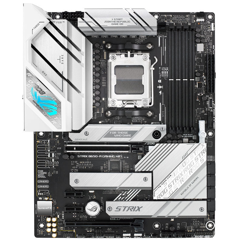 Baksiden av ASUS ROG Strix B650-A Gaming WiFi hovedkort