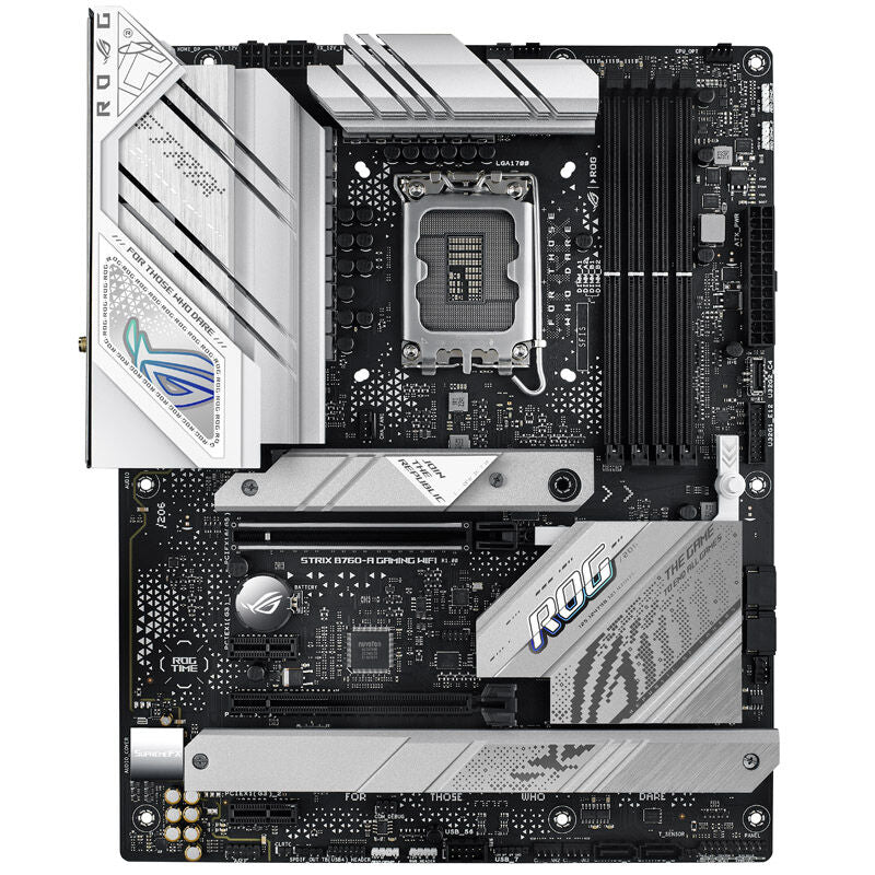 Detaljbilde av ASUS ROG Strix B760-A Gaming WiFi hovedkort med tilkoblinger