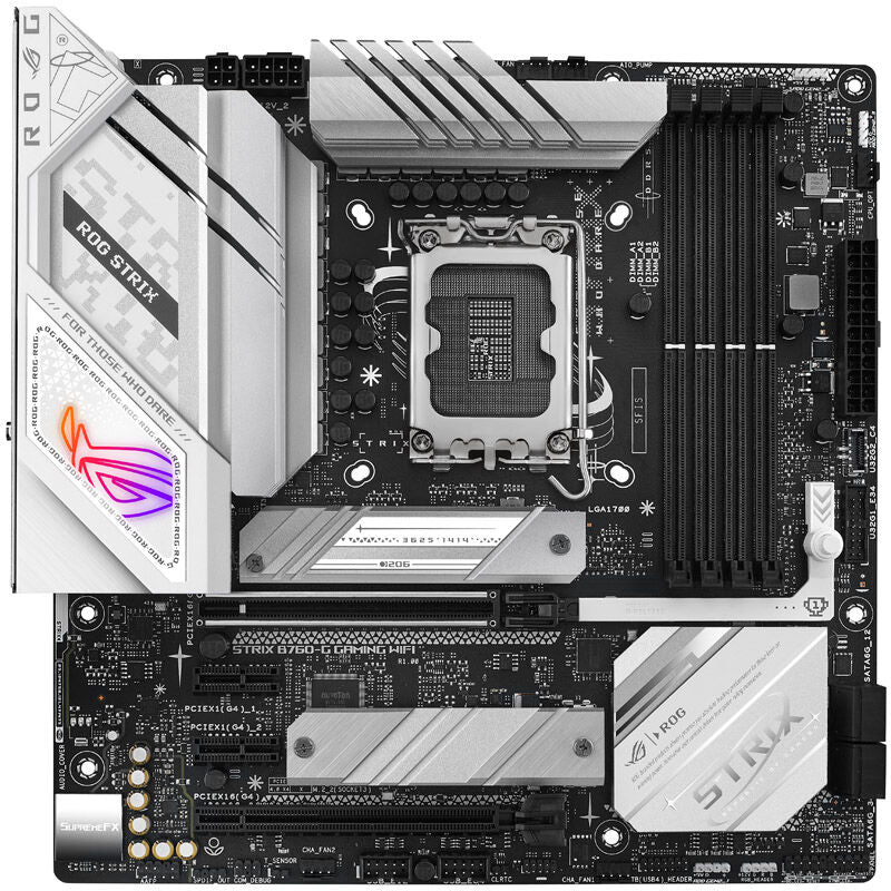 Detalj av ASUS ROG Strix B760-G Gaming WiFi hovedkort med PCIe-porter
