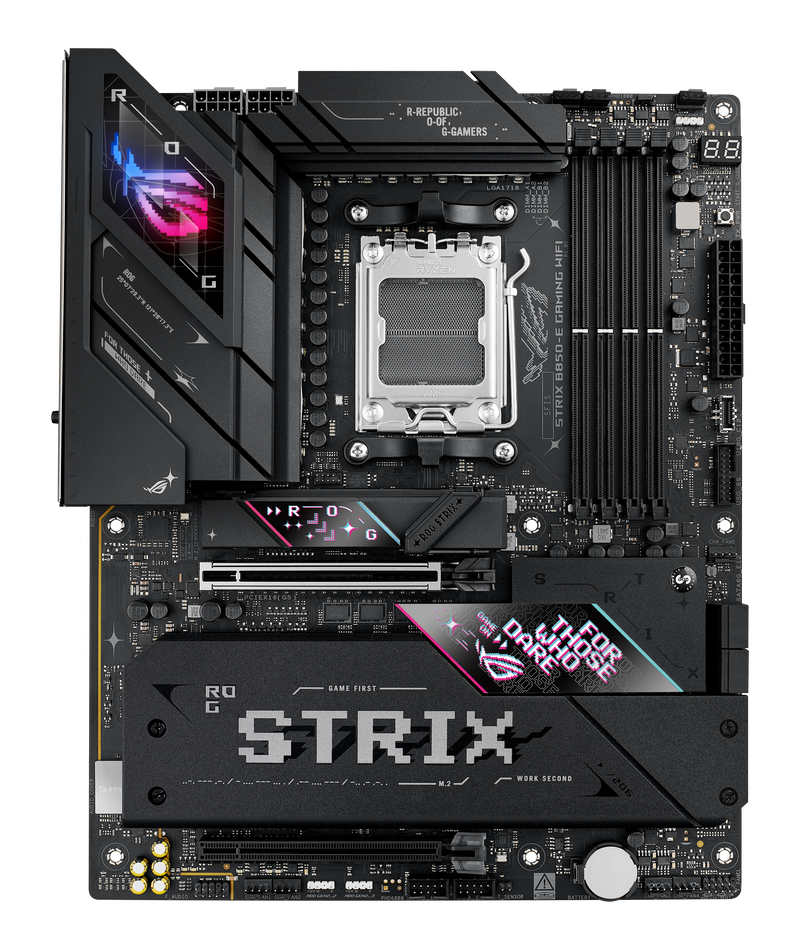 Bakside av ASUS ROG Strix B850-E Gaming WiFi hovedkort